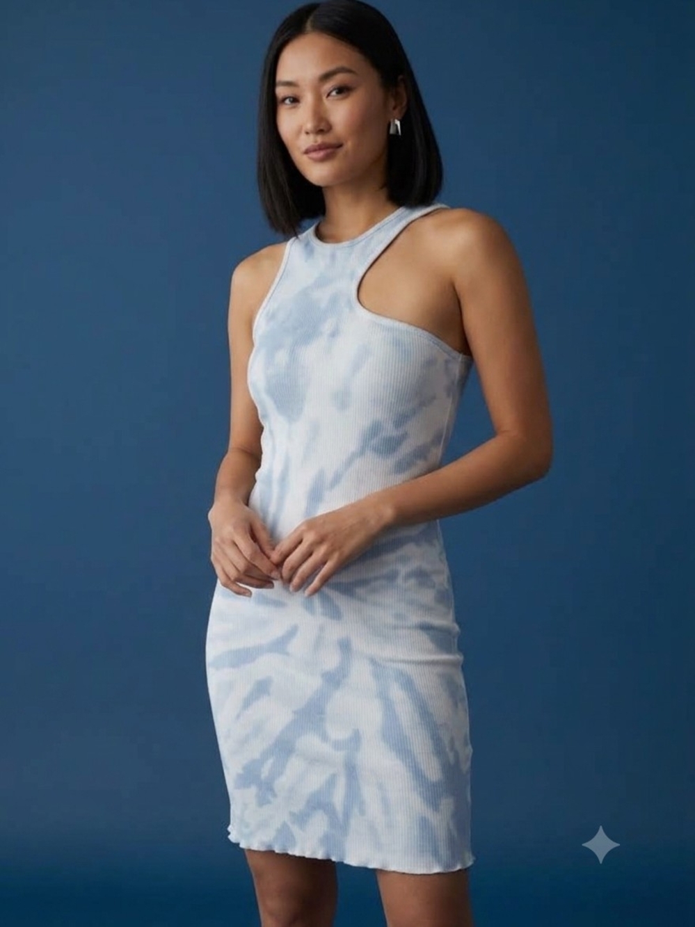 Zara White & Blue Tie Dye Ribbed Asymmetric Racerback Neck Bodycon Mini Dress